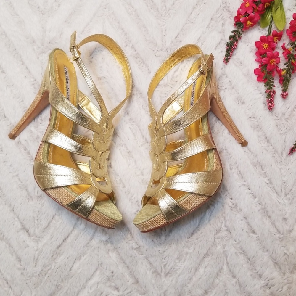 Charles David Gold Sandals Heels Size 8